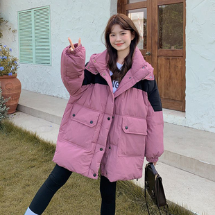 棉袄外套潮 撞色连帽棉服女学院风宽松面包服加厚冬季 大码 胖mm冬季