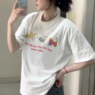 T恤女2025夏季 300斤胖mm大码 设计感小众卡通刺绣短袖 女装 上衣 美式