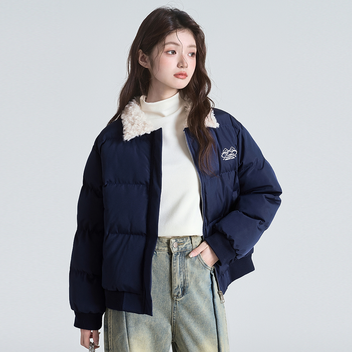 大码胖mm羊羔毛翻领棉服女冬季