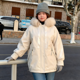 胖mm韩版 大码 宽松毛领连帽派克服女加绒保暖宽松棉服外套 新款 冬季