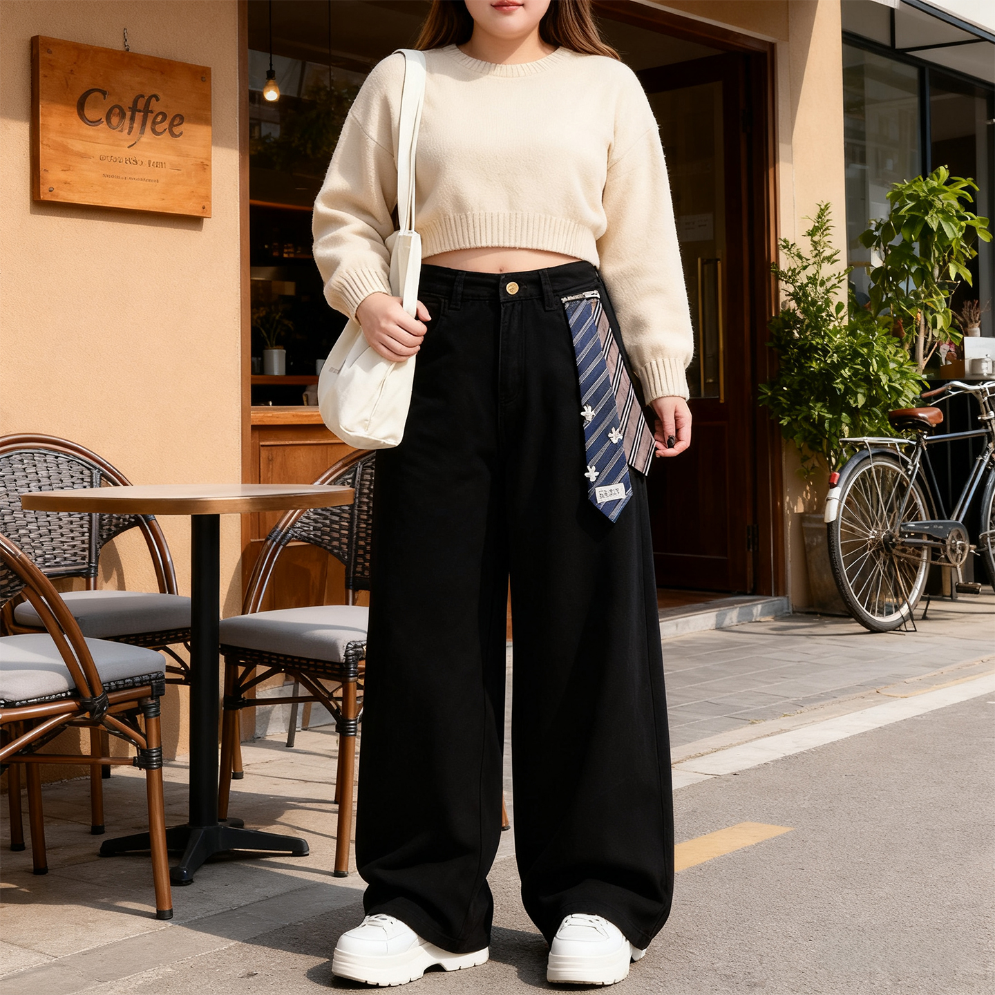 大码领带拼接弯刀宽松垂感牛仔裤