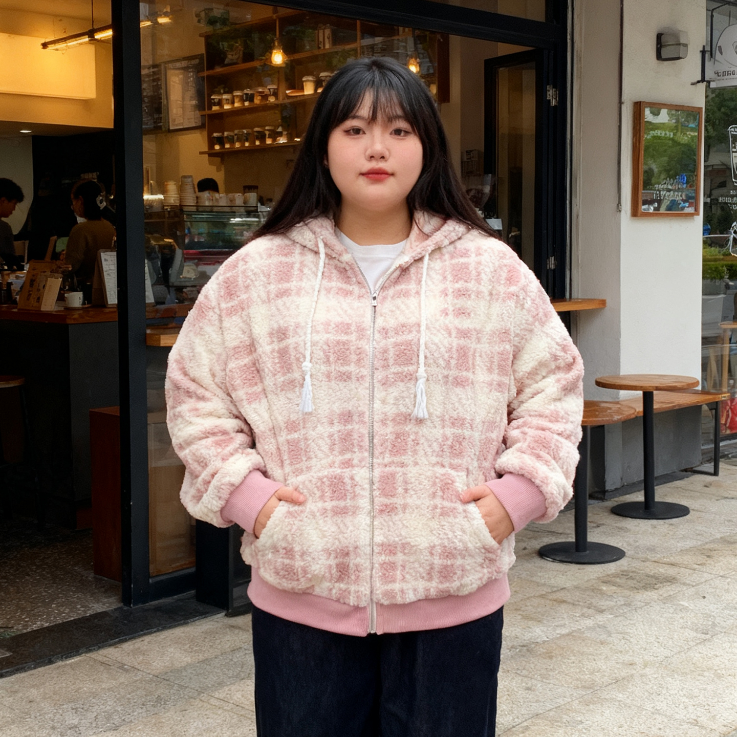 大码女装胖mm格子拼接羊羔毛外套