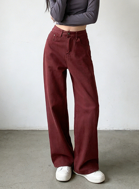 2026春季大码胖mm复古安可拉红色高腰阔腿牛仔裤女宽松显瘦直筒裤