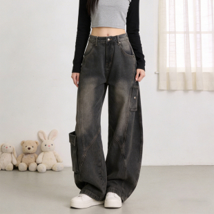 女宽松多口袋水洗弯刀裤 2026春季 牛仔裤 胖mm复古高腰阔腿工装 大码