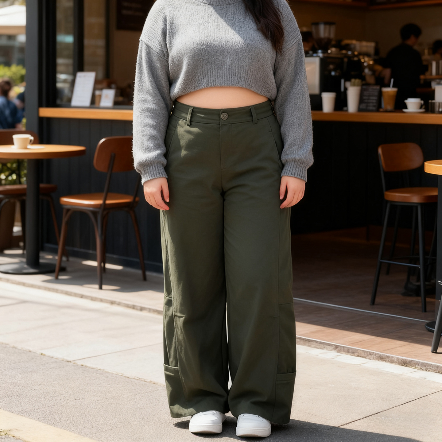 大码胖mm军绿色高腰阔腿牛仔裤女
