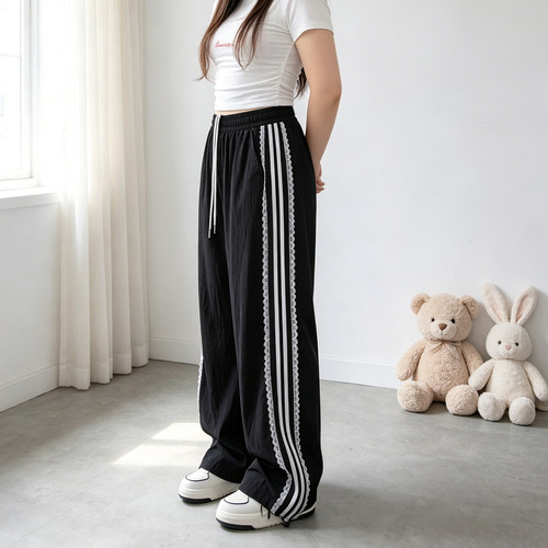 大码胖mm蕾丝边条纹阔腿休闲裤女