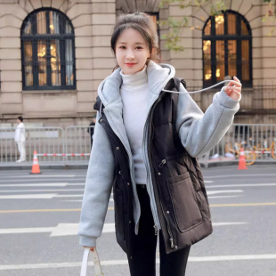 2025秋冬新款 胖mm假两件拼接连帽棉衣棉服女加厚保暖夹棉外套 大码