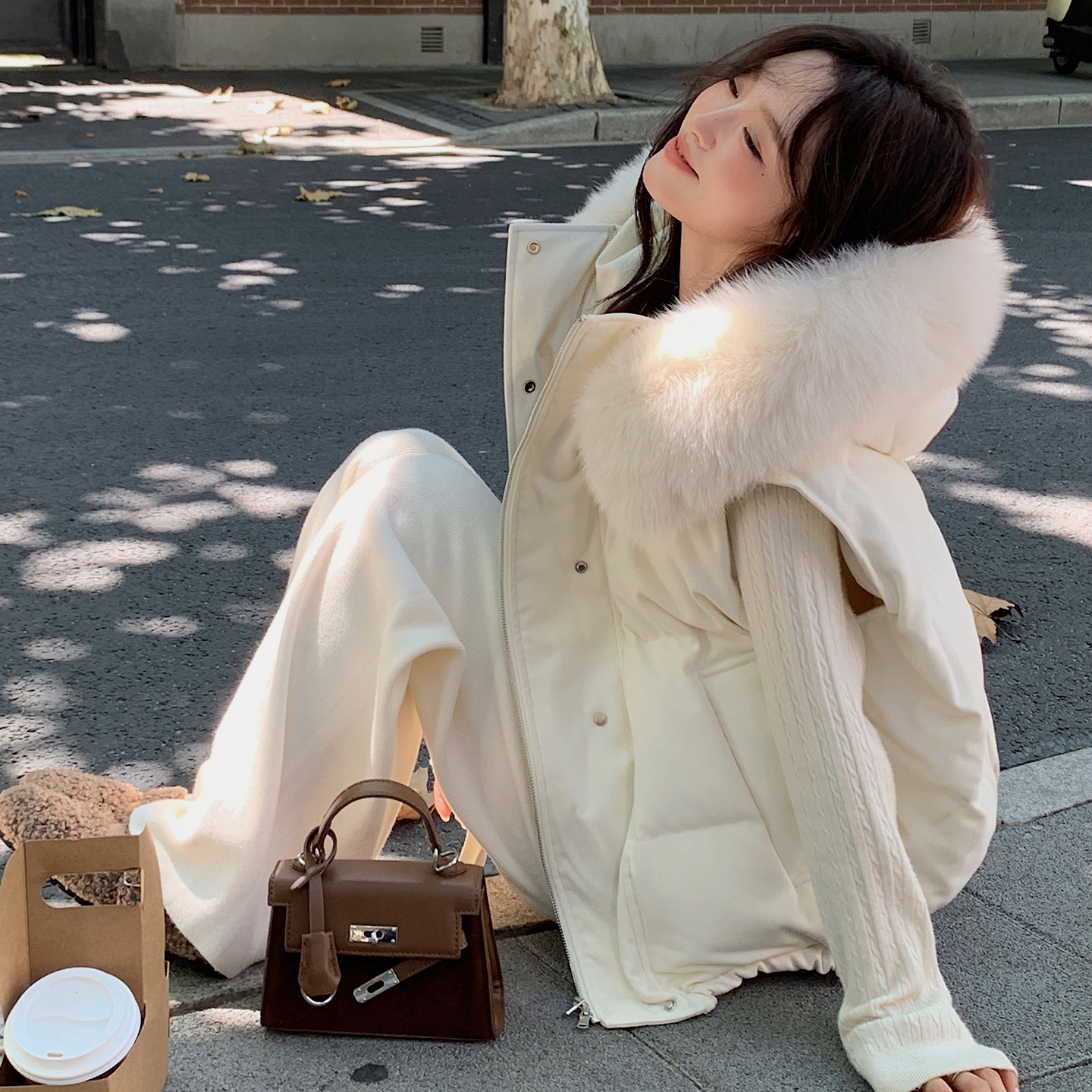 大码慵懒风大毛领连帽棉服马甲女