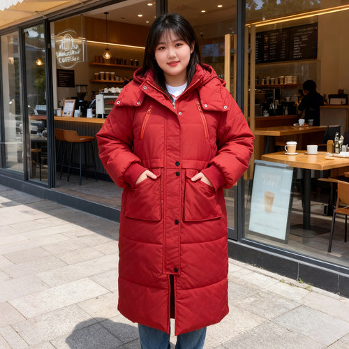 大码女装胖mm红色中长款加厚棉服