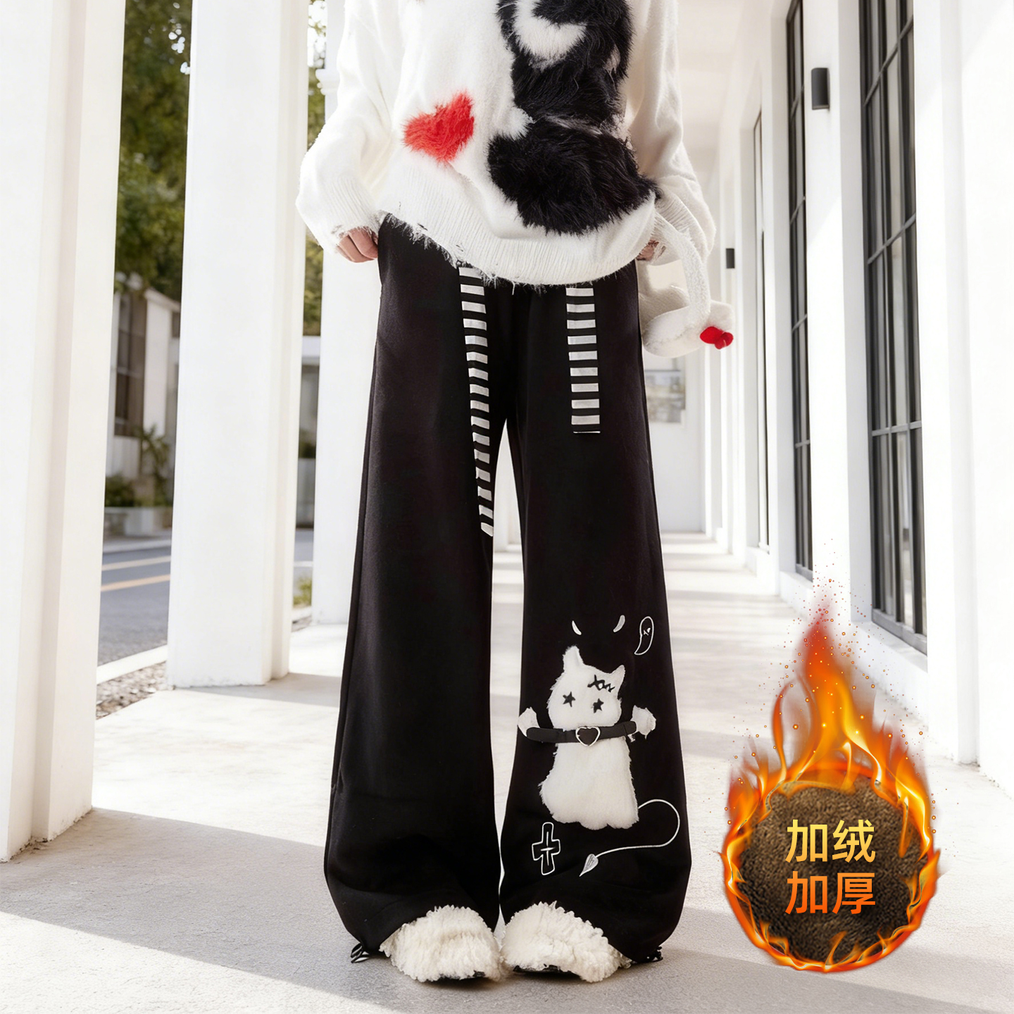 大码女装卡通猫咪刺绣阔腿卫裤女