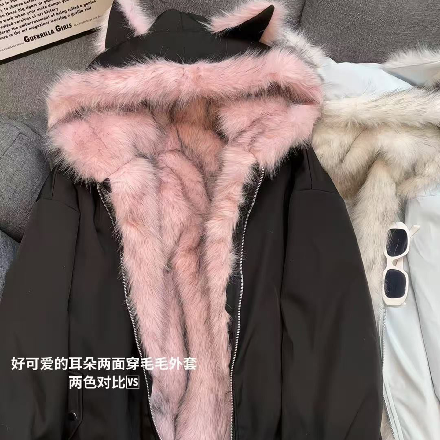 加厚长袖双面穿黑色毛绒胖mm冬季