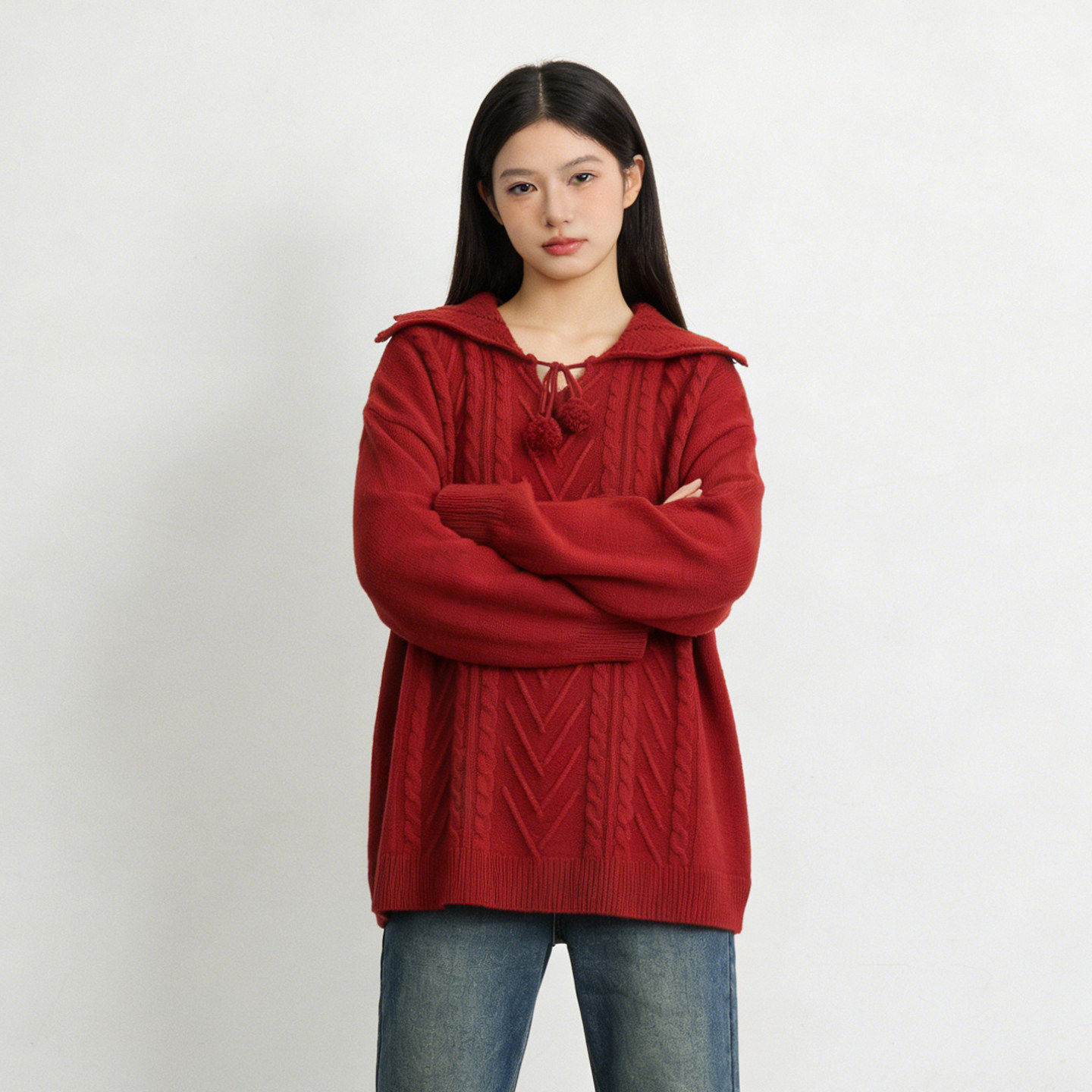 大码圣诞红麻花遮肉减龄针织衫