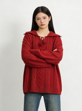 大码女装胖mm圣诞红色麻花针织衫女慵懒风设计感遮肉减龄毛衣上衣