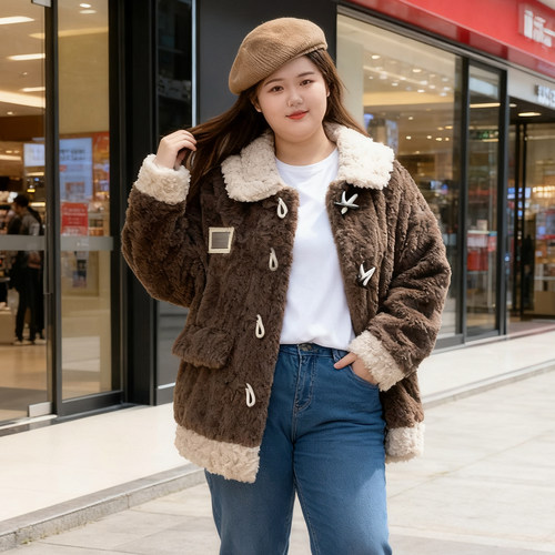 大码女装胖mm牛角扣羊羔毛外套