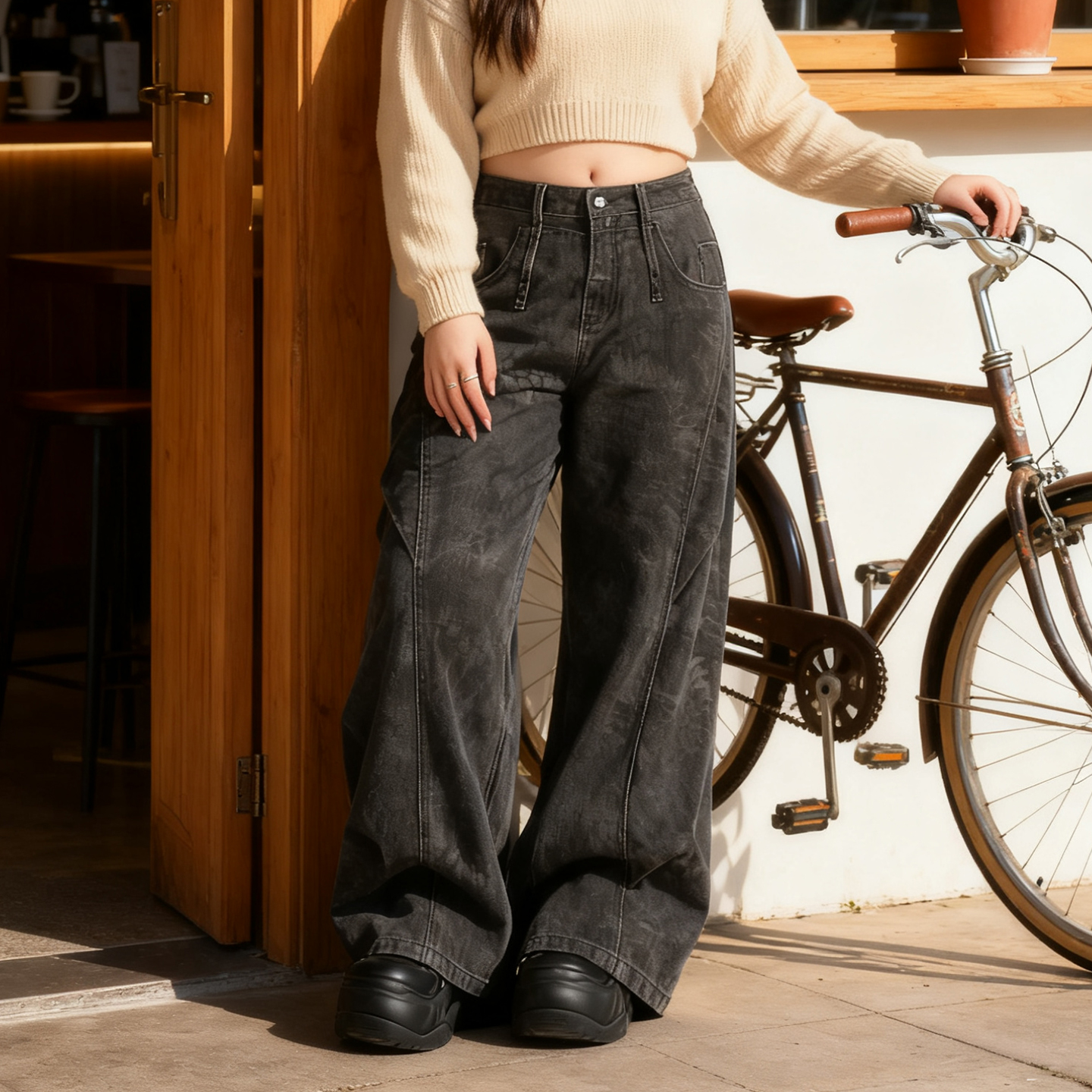 大码胖mm复古美式高腰阔腿牛仔裤