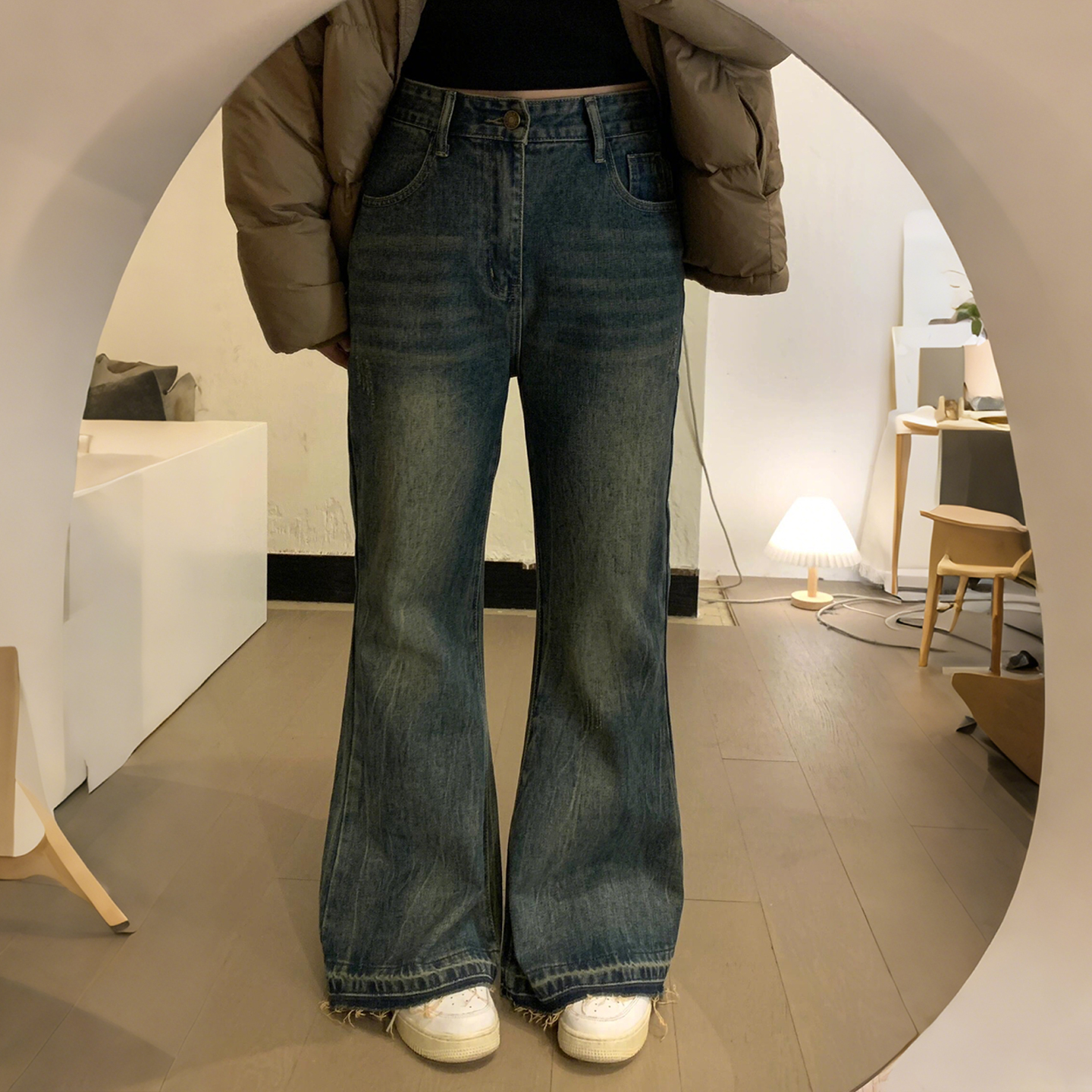 大码胖mm复古微喇毛边牛仔裤女