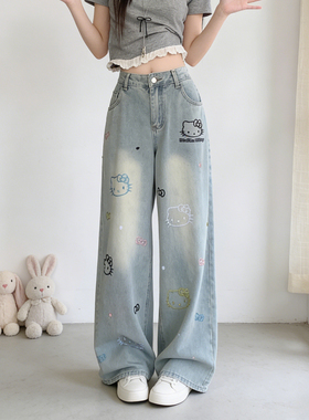 2026春夏大码胖mm卡通KT猫刺绣阔腿牛仔裤女高腰宽松显瘦直筒裤子