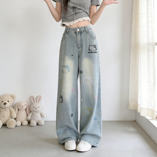 2026春夏大码胖mm卡通KT猫刺绣阔腿牛仔裤女高腰宽松显瘦直筒裤子