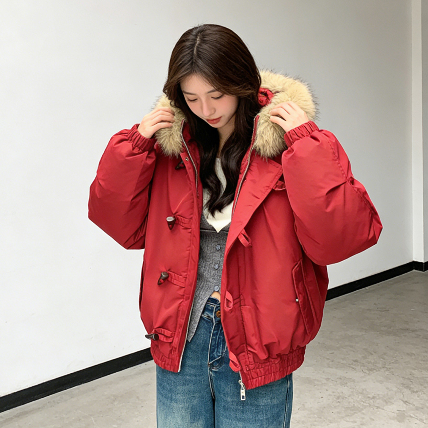 300斤大码胖mm红色毛领派克服女连帽宽松加厚保暖高级感棉服外套,女装/女士精品,大码棉服,淘宝优惠券,粉丝福利购,淘宝优惠卷