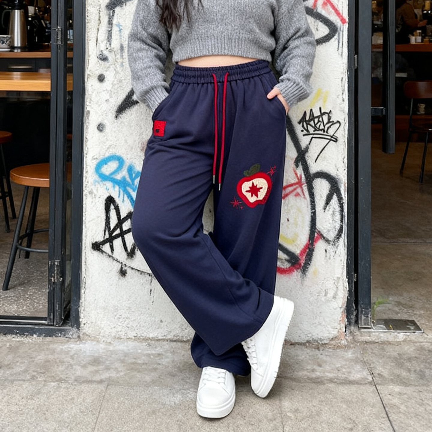 大码女装胖mm苹果刺绣阔腿运动裤