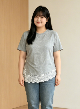 300斤大码胖mm蕾丝拼接短袖T恤女夏季灰色宽松遮肉显瘦松弛感上衣