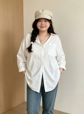 300斤大码胖mm白色长袖衬衫女宽松开衫松弛感穿搭设计感上衣衬衣