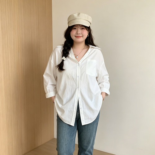 大码胖mm夏季白色宽松长袖衬衫女