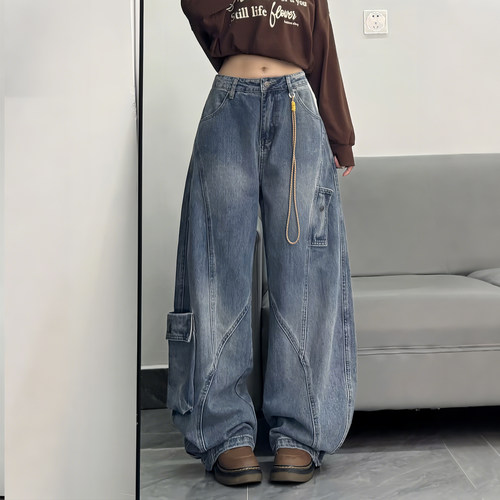 大码胖mm秋季美式工装牛仔裤女