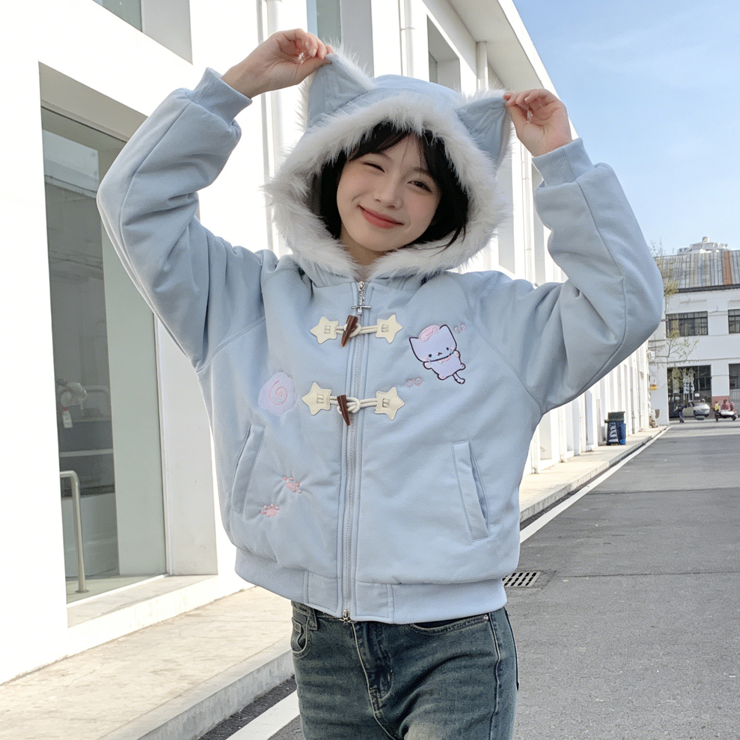 大码胖mm甜美可爱学院风卡通猫咪刺绣连帽棉服女宽松加厚保暖棉衣,女装/女士精品,大码棉服,淘宝优惠券,粉丝福利购,淘宝优惠卷