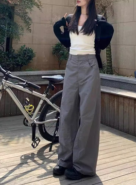 300斤大码胖mm灰色工装裤女宽松高腰垂感梨型身材休闲遮肉阔腿裤