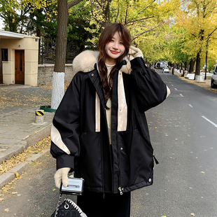 大码 撞色连帽宽松加厚棉服设计感外套 胖mm大毛领派克服女2025新款