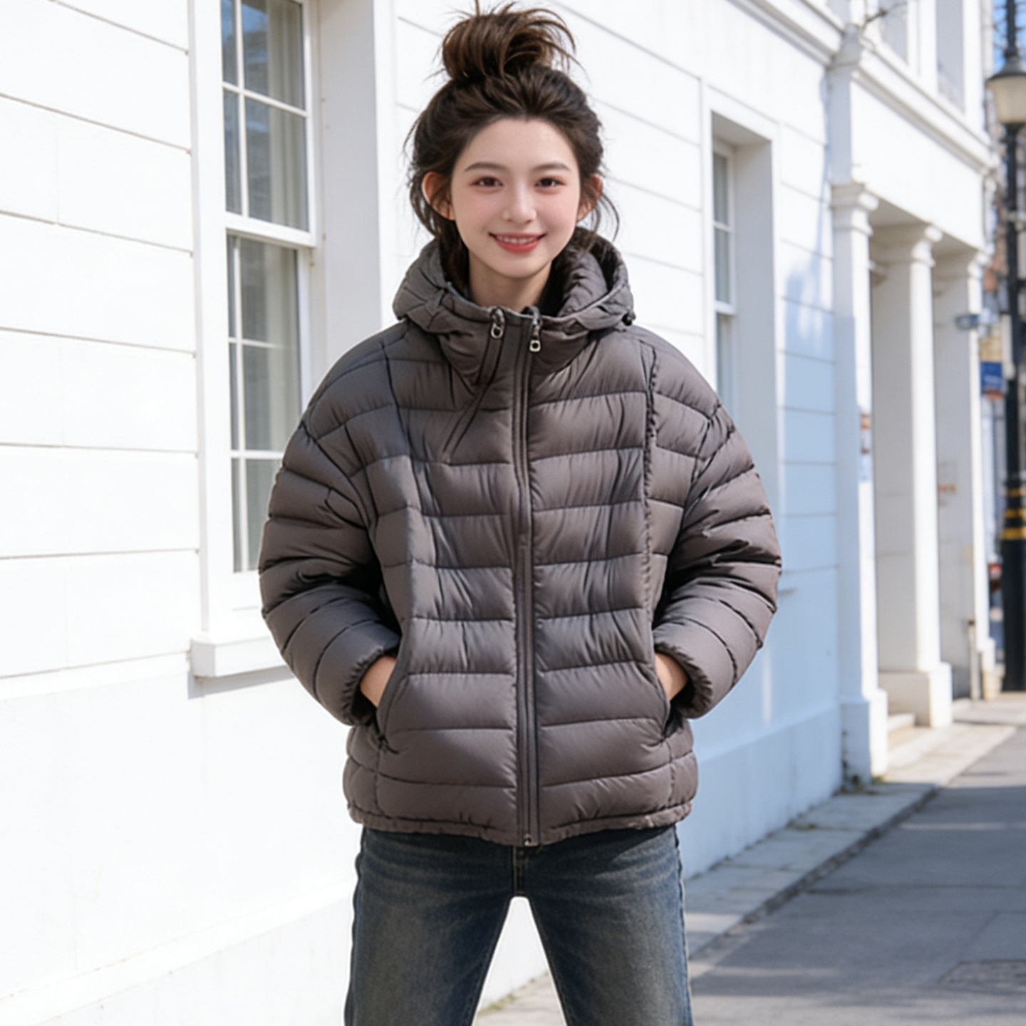 大码胖mm冬季学院风连帽羽绒棉服