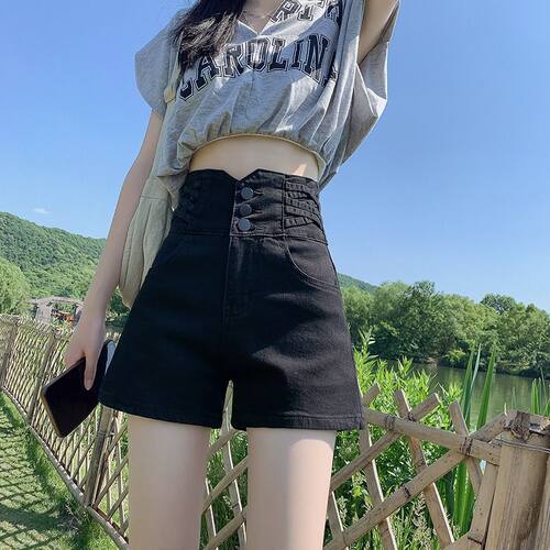 300斤大码胖mm黑色高腰牛仔短裤
