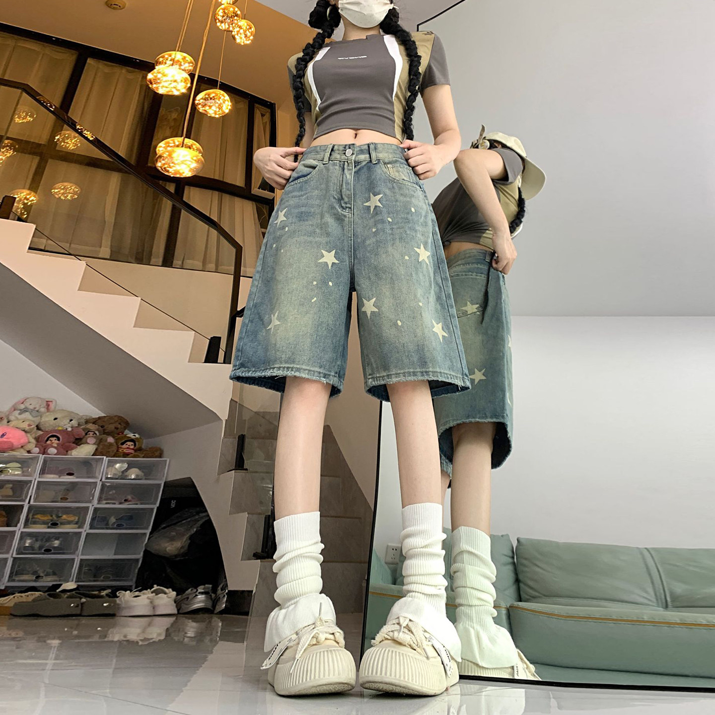 300斤胖mm大码美式复古星星印花牛仔短裤女宽松显瘦高腰直筒裤子,女装/女士精品,大码裤装,淘宝优惠券,粉丝福利购,淘宝优惠卷