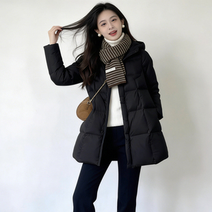 宽松保暖高级感棉衣外套 中长款 大码 胖mm极简风黑色连帽棉服女冬季