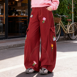 多口袋宽松阔腿弯刀裤 2025秋季 女工装 胖mm复古花朵刺绣牛仔裤 大码