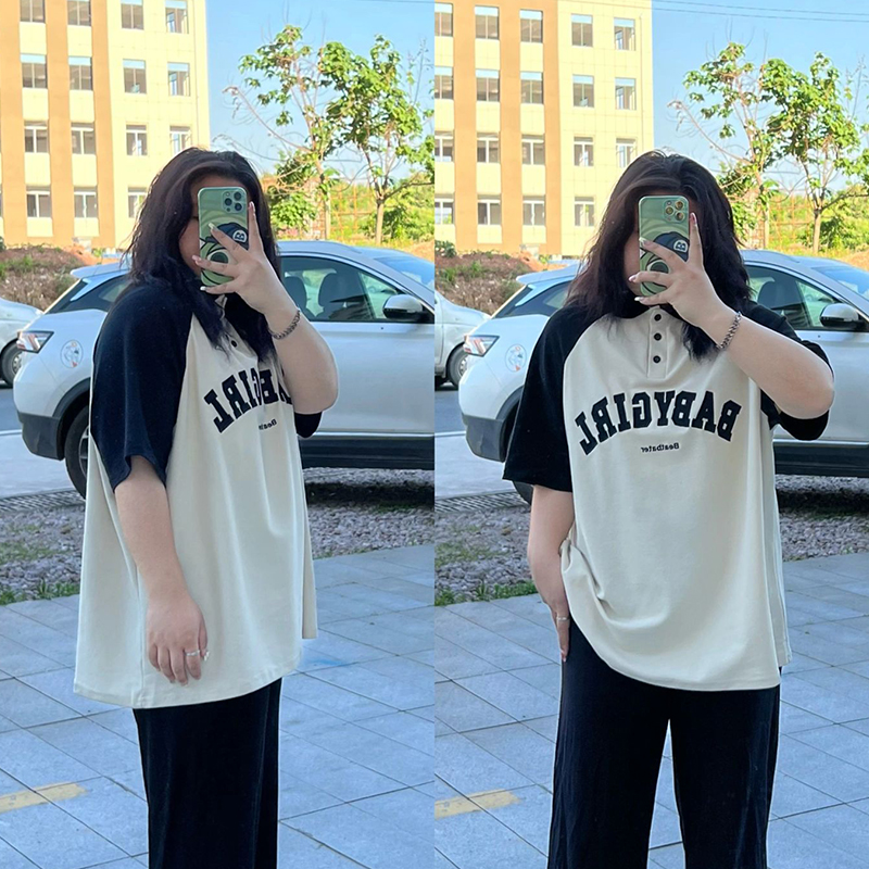 大码胖mm撞色字母印花短袖T恤女