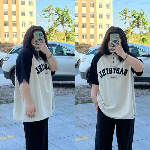 大码胖mm撞色字母印花短袖T恤女