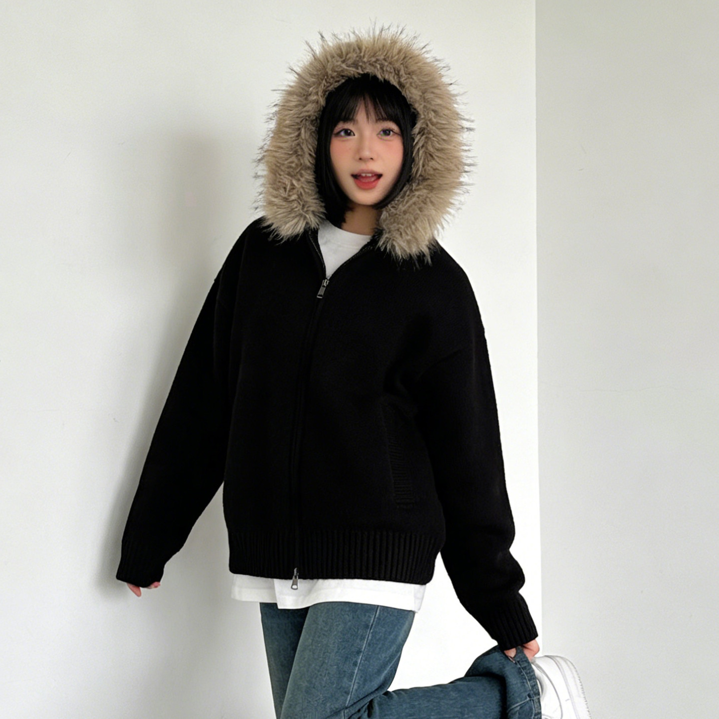 300斤大码胖mm复古大毛领连帽针织开衫女宽松保暖双拉链黑色外套,女装/女士精品,常规大码外套,淘宝优惠券,粉丝福利购,淘宝优惠卷