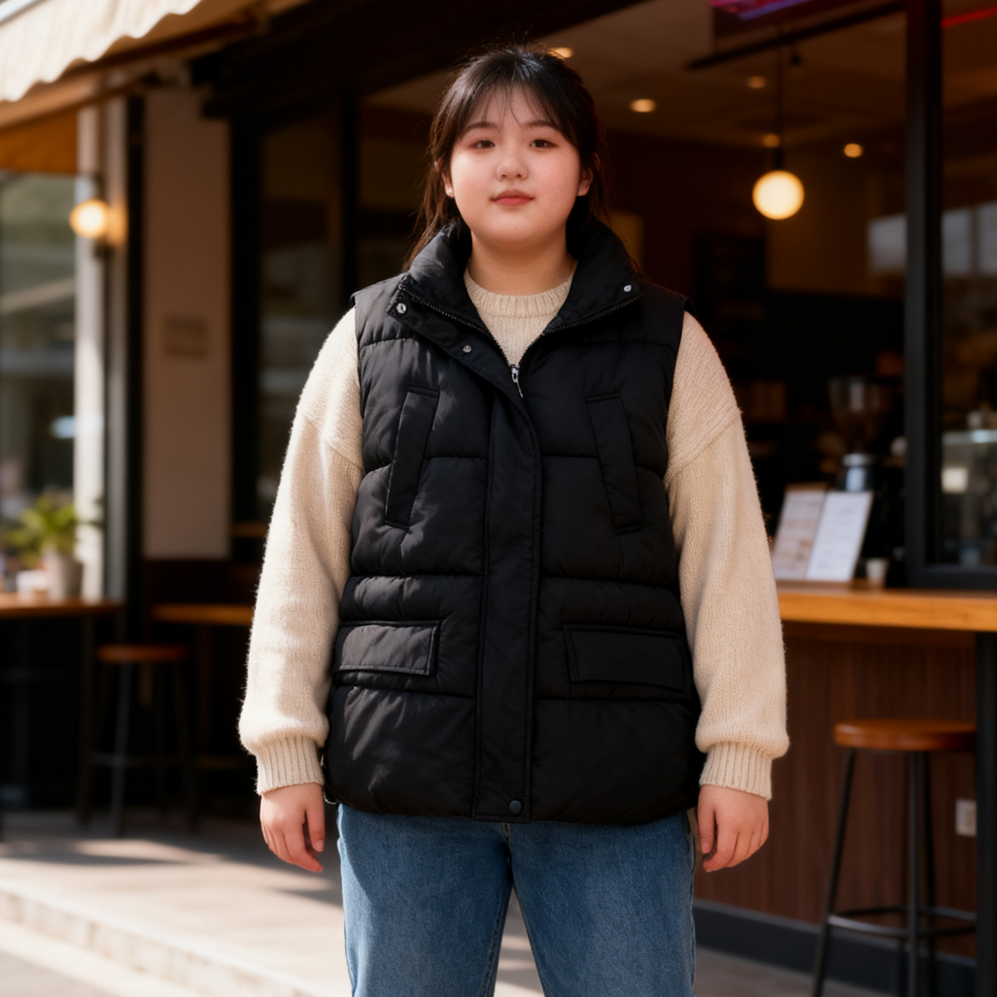 大码女装黑色宽松显瘦棉服马甲女