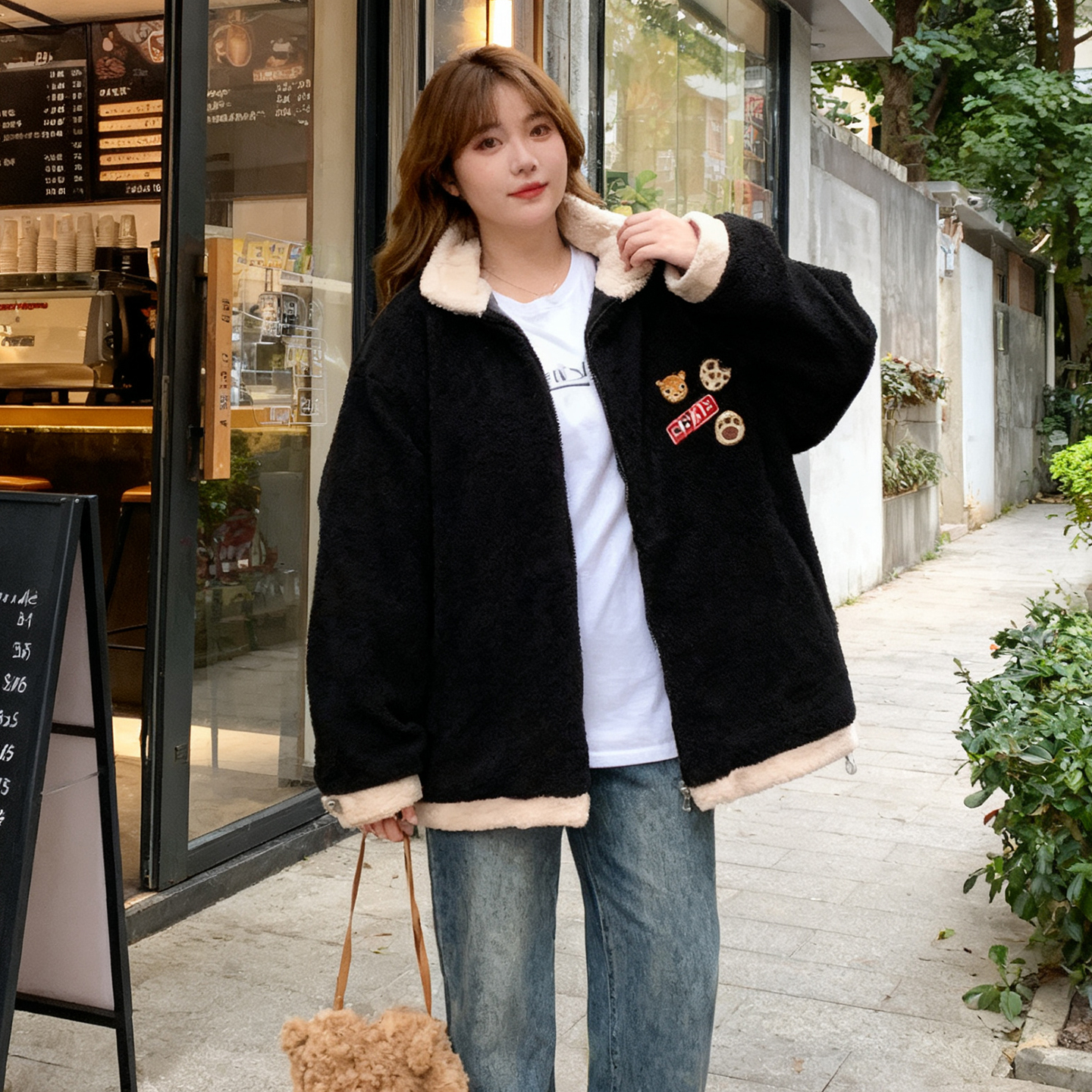 大码胖mm羊羔毛卡通刺绣外套女