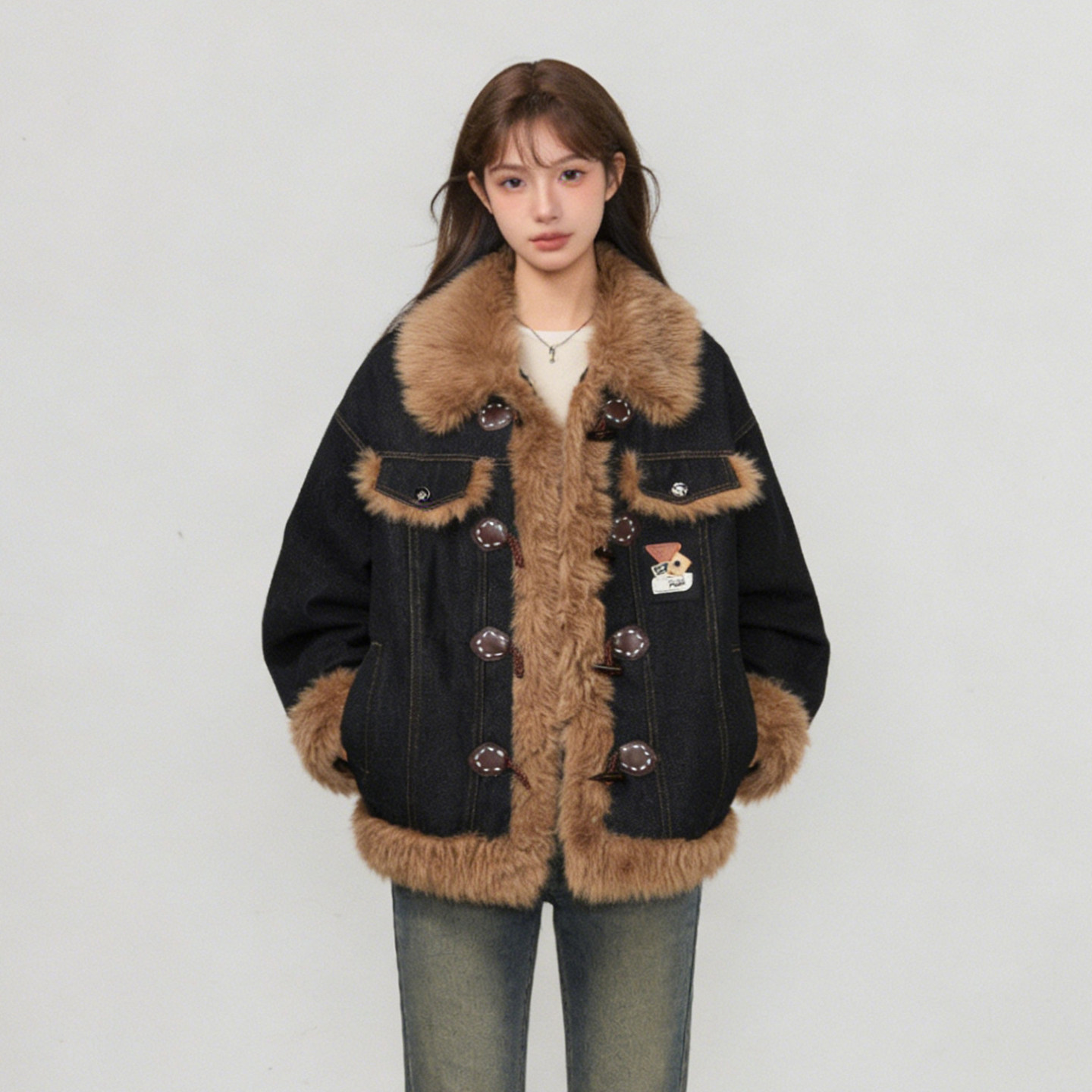 大码胖mm复古毛领牛仔外套女羊羔毛拼接高级感夹棉保暖棉衣棉服潮,女装/女士精品,常规大码外套,淘宝优惠券,粉丝福利购,淘宝优惠卷