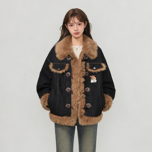 大码 胖mm复古毛领牛仔外套女羊羔毛拼接高级感夹棉保暖棉衣棉服潮