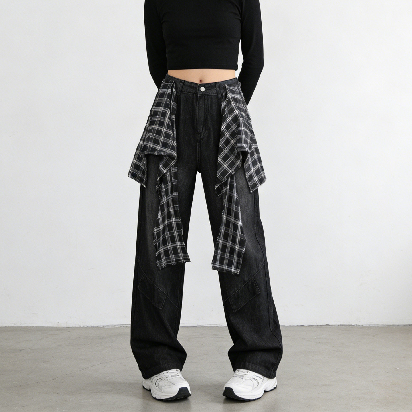 300斤大码胖mm假两件格纹屁帘拼接阔腿牛仔裤女高腰宽松直筒休闲,女装/女士精品,大码裤装,淘宝优惠券,粉丝福利购,淘宝优惠卷