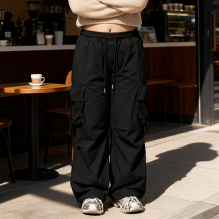 女装 女高腰宽松休闲垂感休闲裤 胖mm美式 裤 黑色多口袋阔腿工装 大码