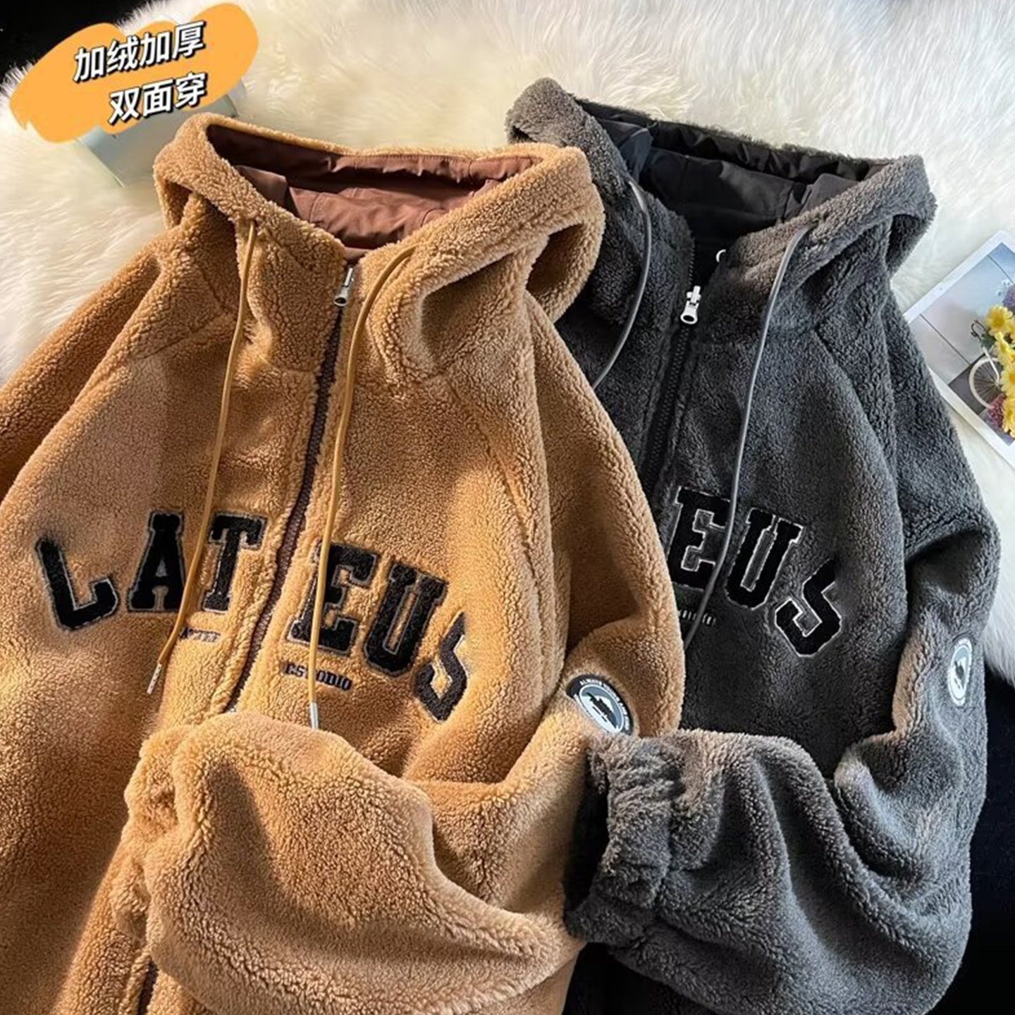 大码胖mm美式复古双面穿连帽外套