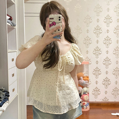 大码V领系带短袖雪纺衬衫上衣女