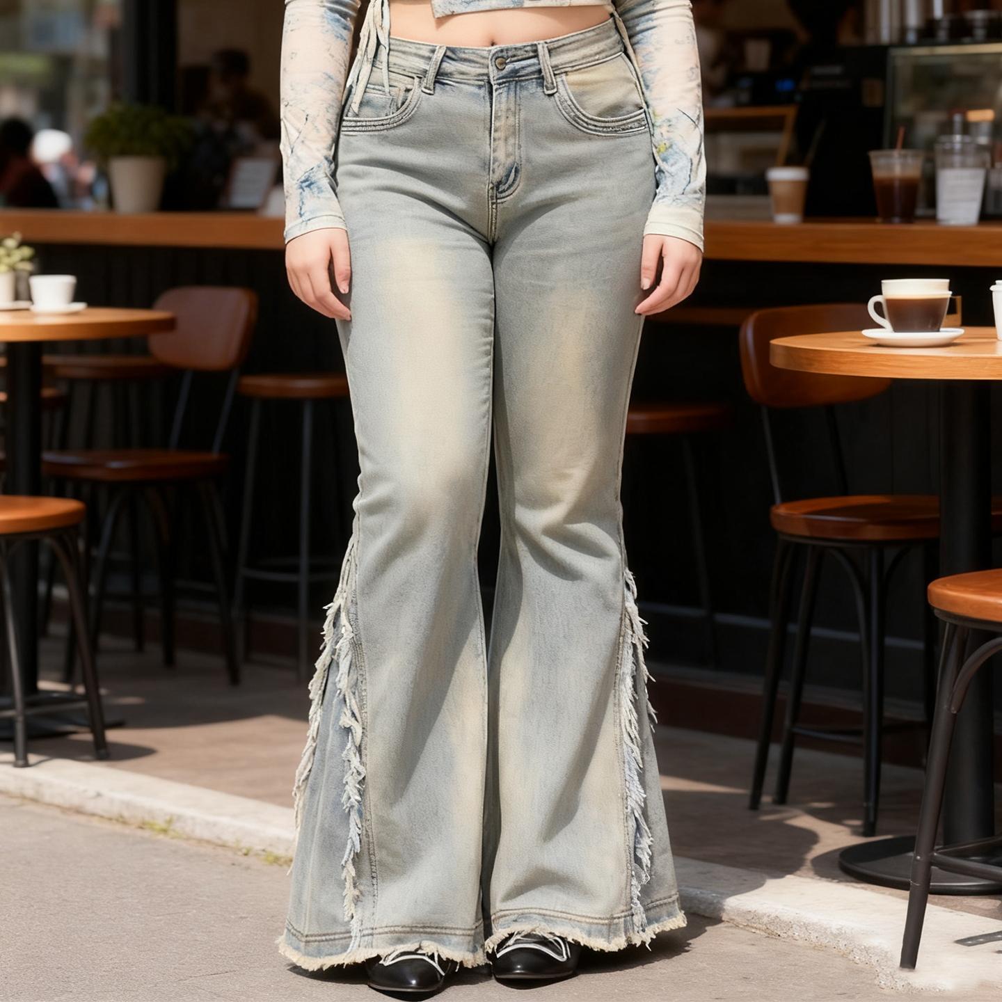 大码女装复古高腰毛边微喇牛仔裤