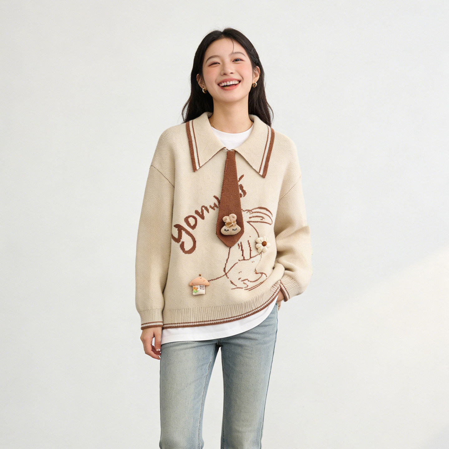 大码胖mm学院风卡通次刺绣软糯针织衫女冬季甜美可爱宽松长袖毛衣,女装/女士精品,大码内搭,淘宝优惠券,粉丝福利购,淘宝优惠卷