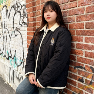 2025冬季 胖mm小熊刺绣棉服女撞色拼接翻领加厚保暖棉衣外套 大码